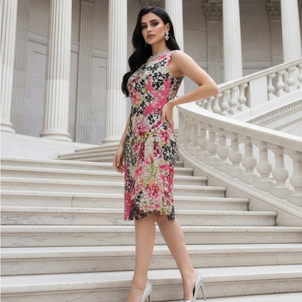 Elie Tahari Women’s Pink and Green Size 4 Sleeveless Sundress Lined Embroidered